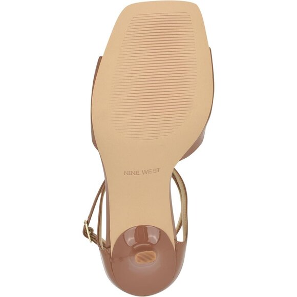 Nine West Women Medium Natural Patent Faux Leather Open Squared Toe Heels Sandal - Picture 3 of 6